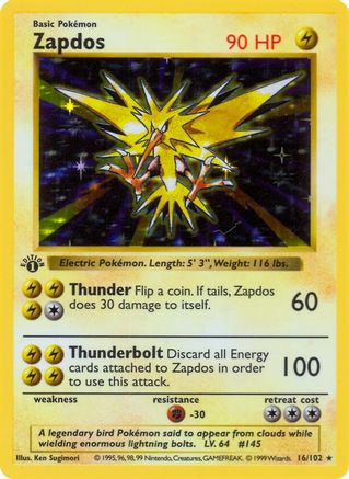Zapdos 016 - Unlimited Holofoil Base Set Shadowless - Holo Rare