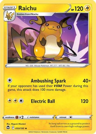 Raichu 050/195 - Reverse Holofoil SWSH12 Silver Tempest - Uncommon
