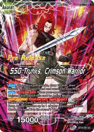 Trunks // SSG Trunks, Crimson Warrior (BT16-097) - Realm of the Gods PreRelease Cards